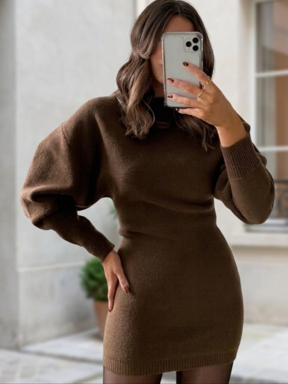 Brown Knit Balloon-Sleeve Sweater Dress Zara